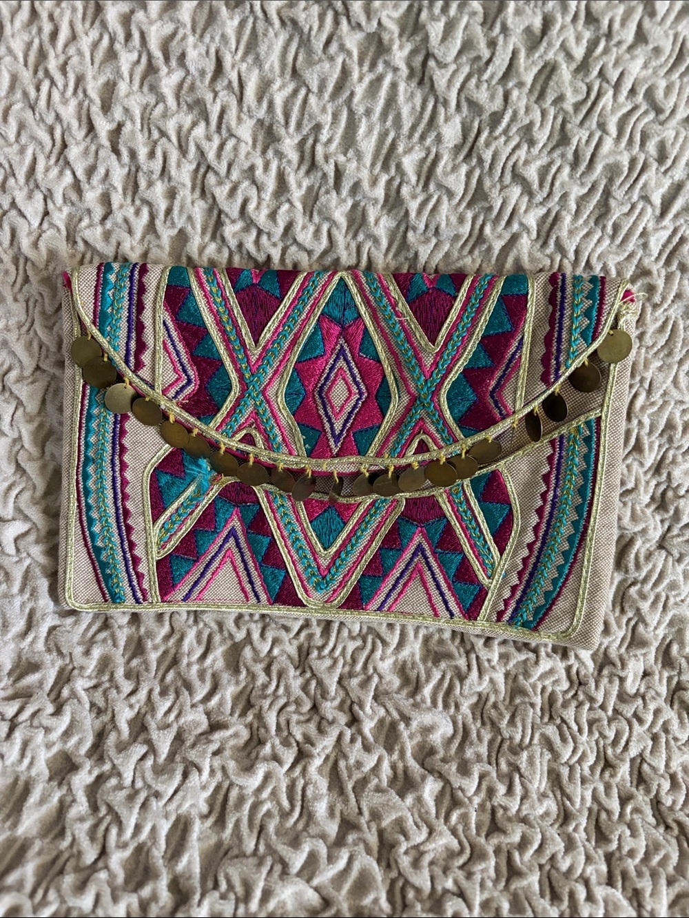 Embroidered Geometric Envelope Clutch in Fuchsia & Teal with Gold Coin Accent